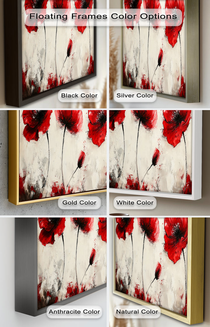 Crimson Elegance – Bold Red Poppies on Cream Flower Oil Painting