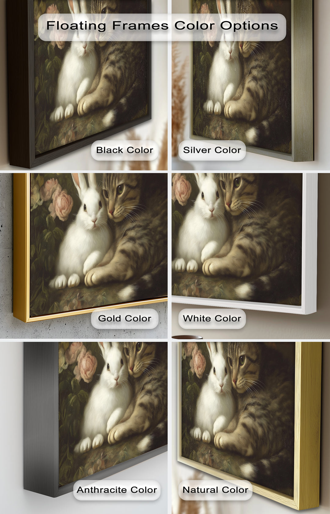 Cat and Rabbit in Floral Harmony - Animal Oil Painting
