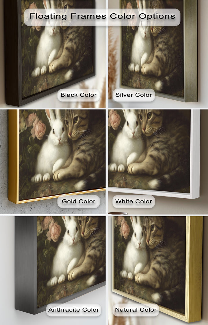 Cat and Rabbit in Floral Harmony - Animal Oil Painting