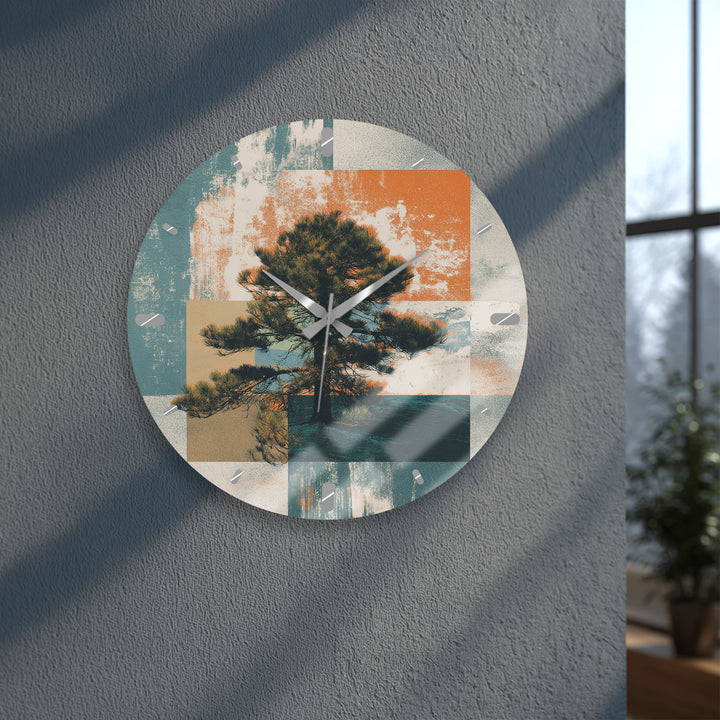 Mid Century Pine Tree Glass Wall Clock – Retro Nature Decor