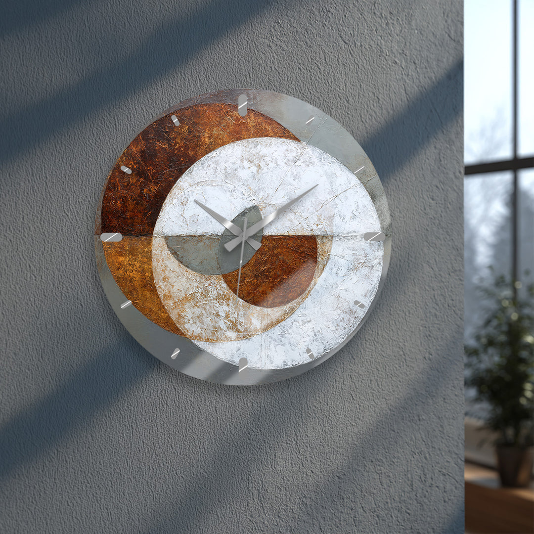 Rust and Gray Glass Wall Clock – Industrial Abstract Circle Art