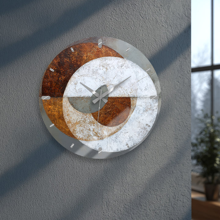 Rust and Gray Glass Wall Clock – Industrial Abstract Circle Art