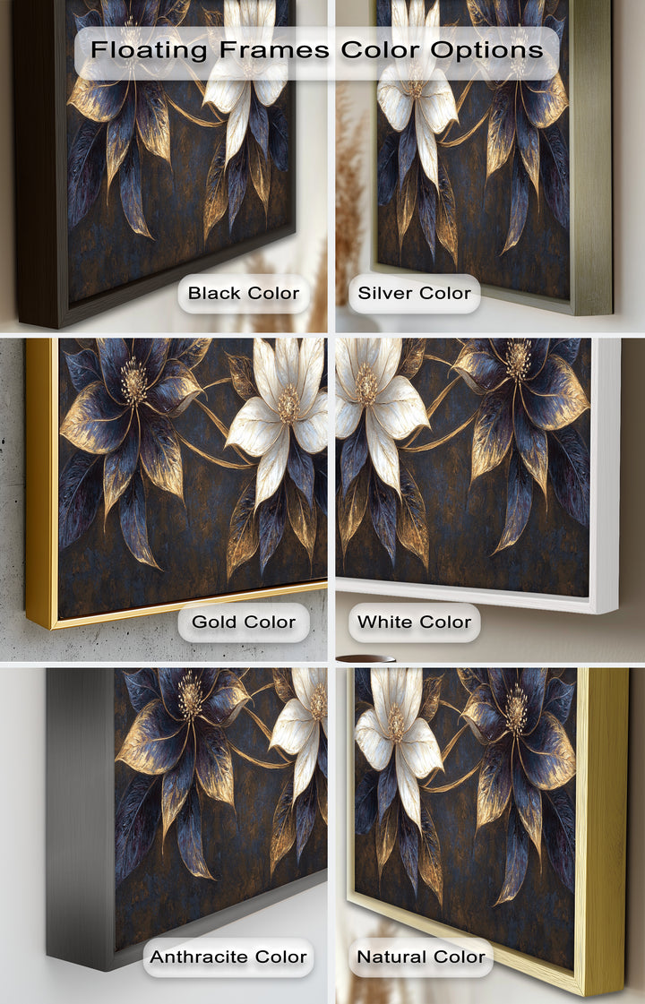 Blue Floral Stained Art – Botanical Oil Painting