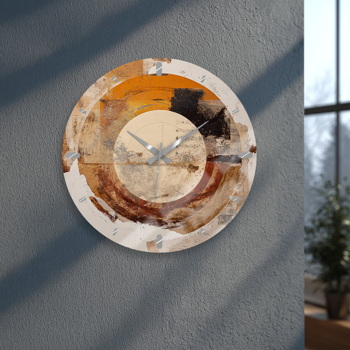 Neutral Abstract Glass Wall Clock – Earth Tone Circle Art