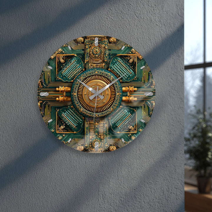 Steampunk-Wanduhr aus Glas – goldenes mechanisches Zahnraddekor