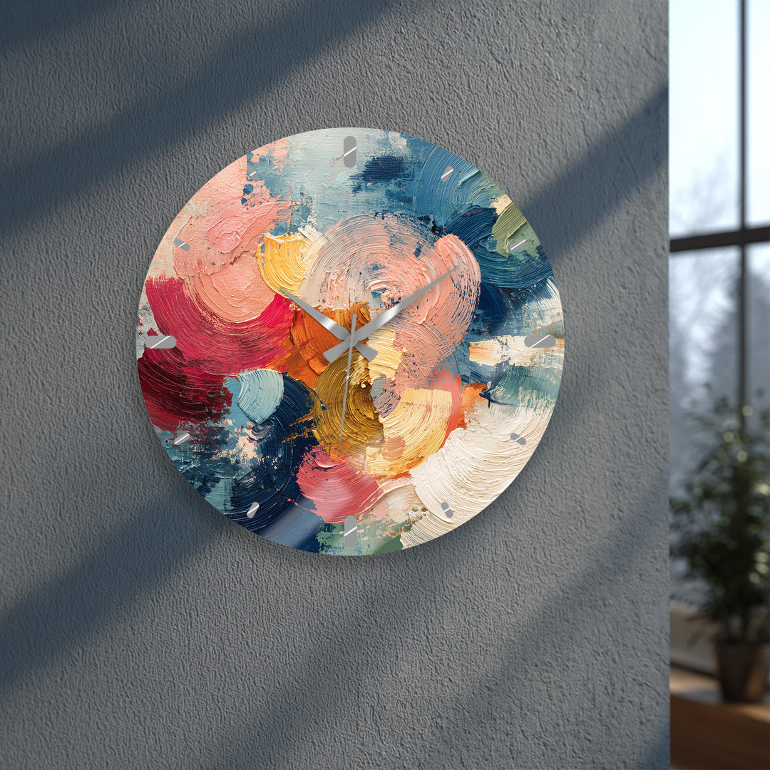 Colorful Abstract Glass Wall Clock – Textured Brushstroke Art