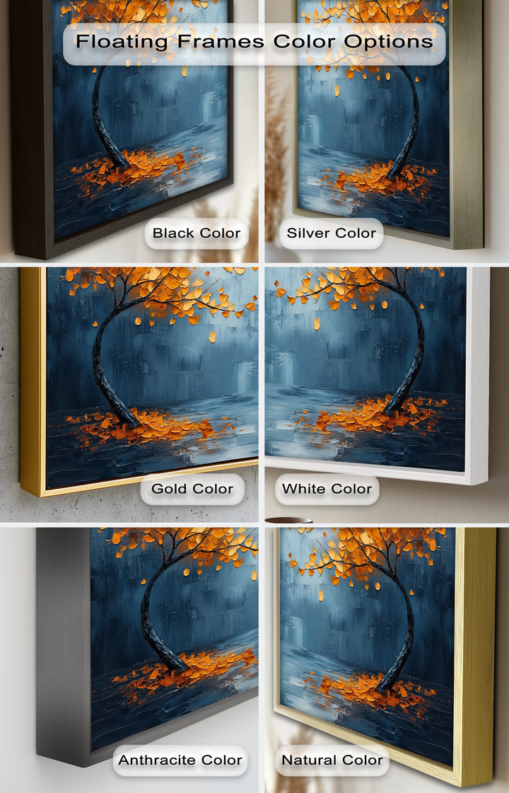 Golden Drift – Bernsteinbaum vor blauem abstraktem Ölgemälde
