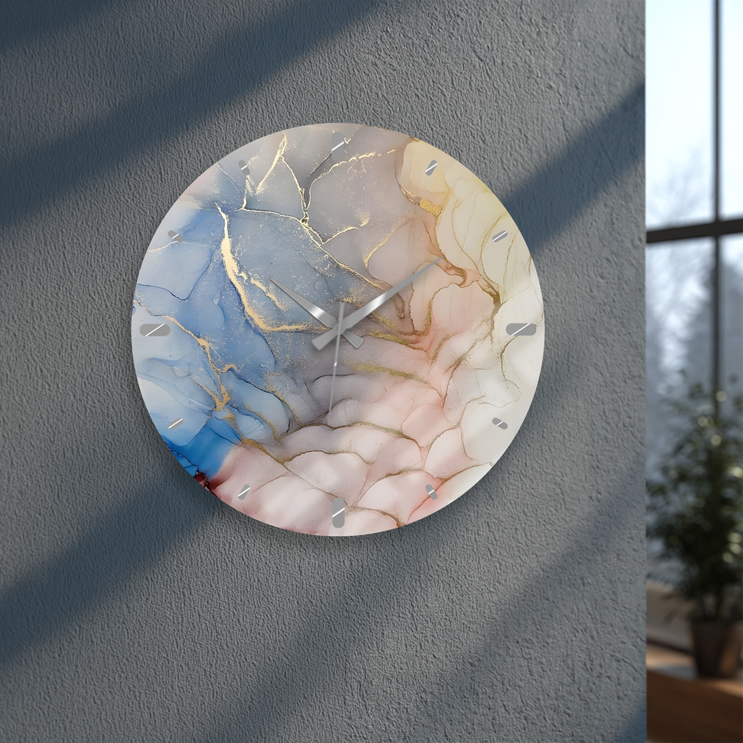 Pastellrosa und blaue Marmorglas-Wanduhr