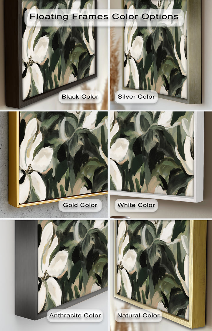 Cream Blooms in Forest Green - Flower Oil Painting