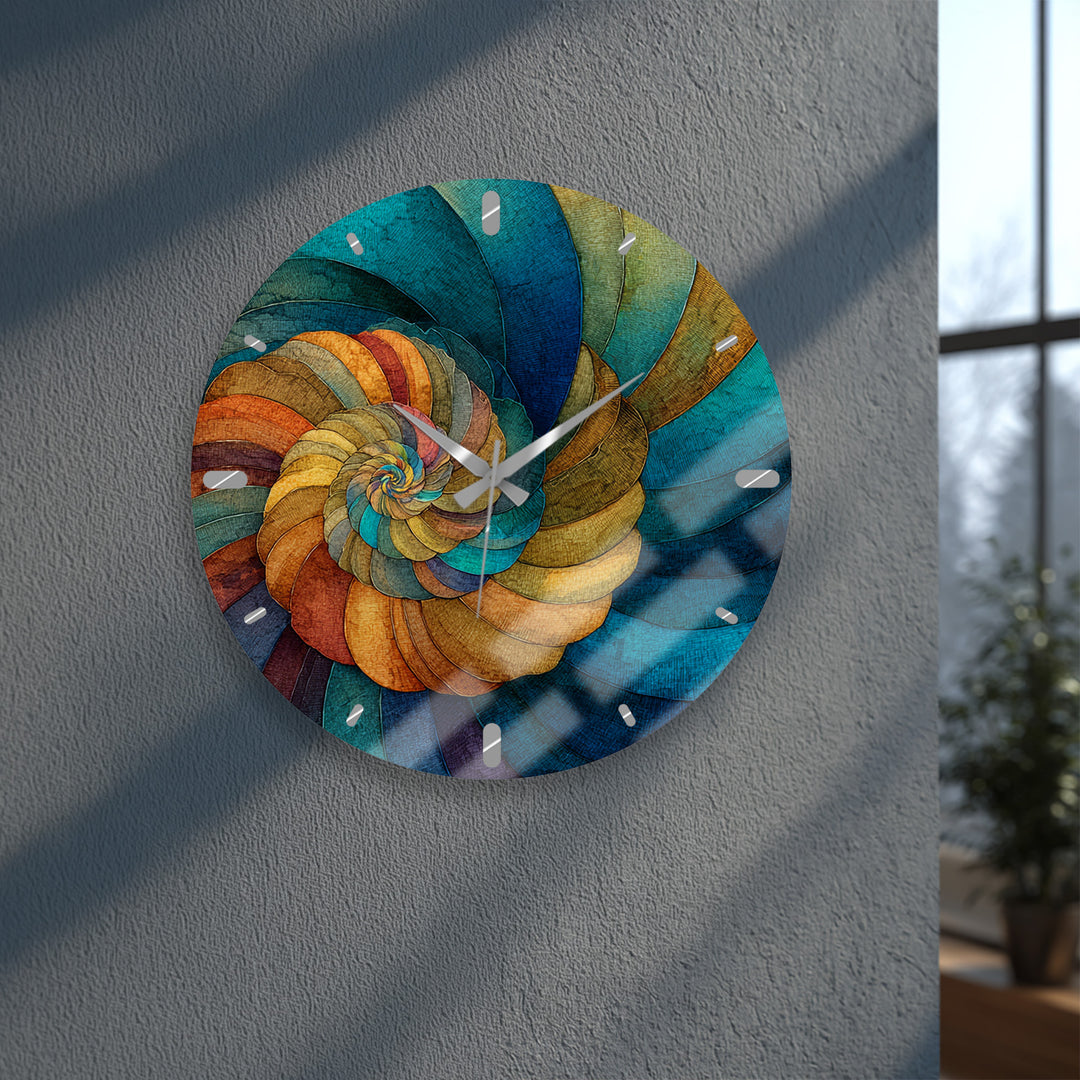 Abstract Spiral Glass Wall Clock – Teal and Gold Swirl Art