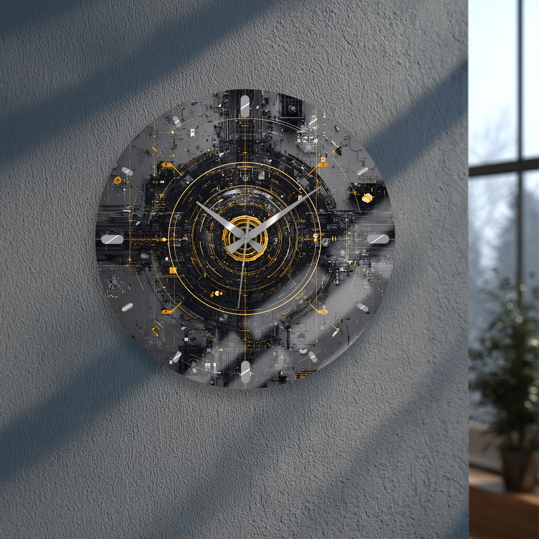 Industrial Abstract Glass Wall Clock – Black and Gold Tech Art