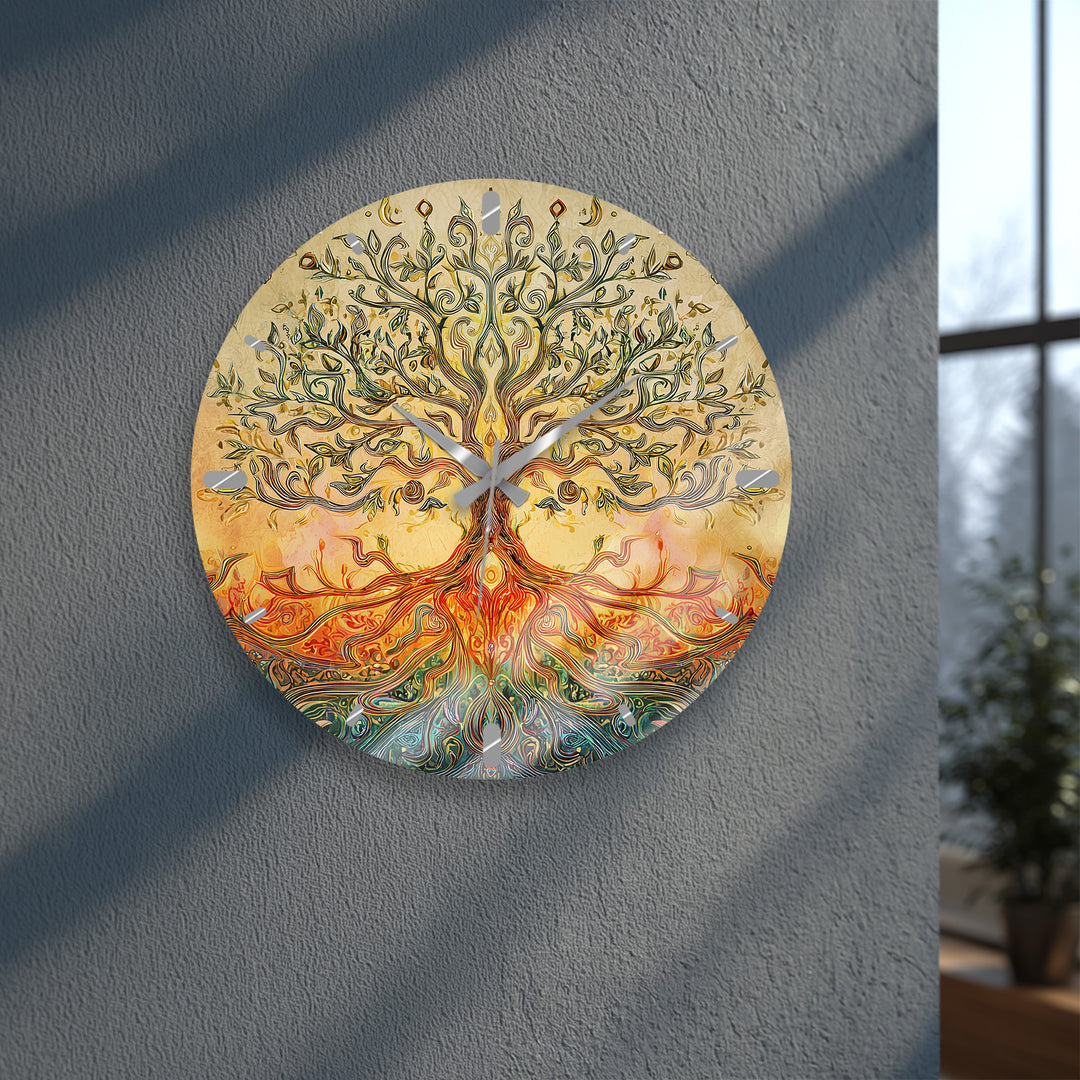 Golden Tree of Life Glass Wall Clock – Boho Botanical Decor