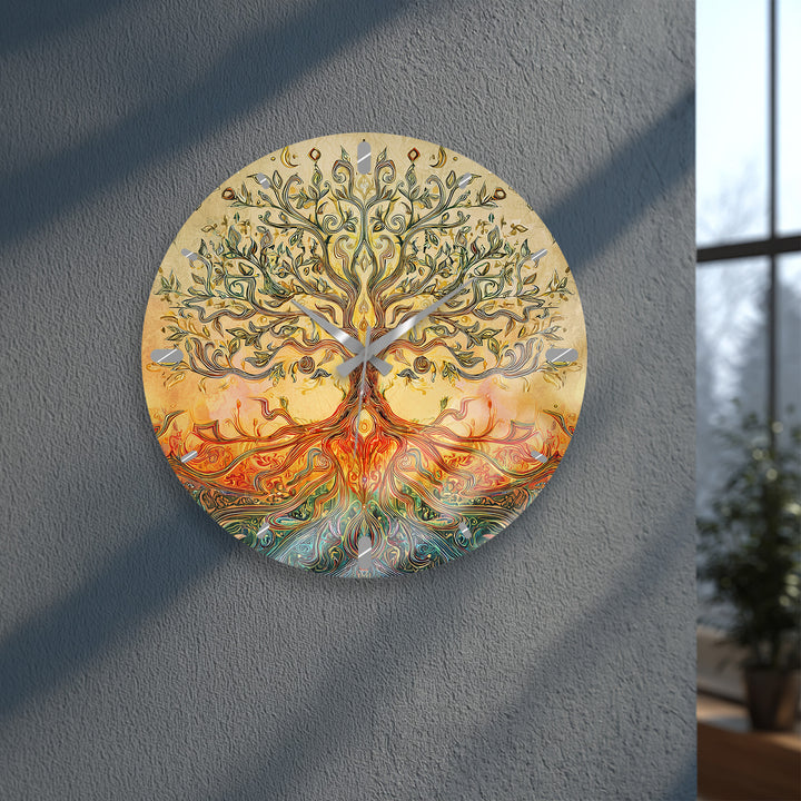 Golden Tree of Life Glass Wall Clock – Boho Botanical Decor