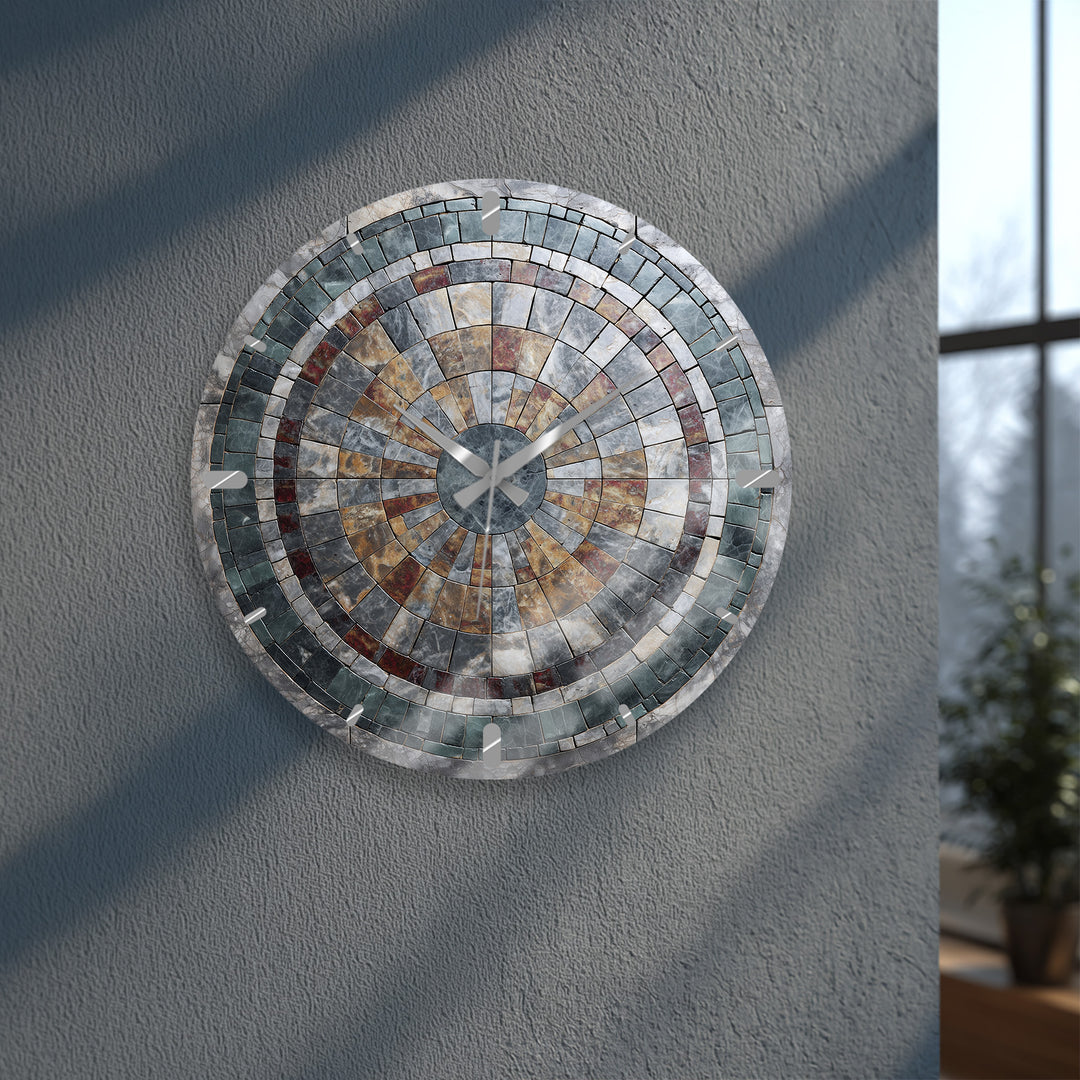 Stone Mosaic Glass Wall Clock – Rustic Geometric Decor