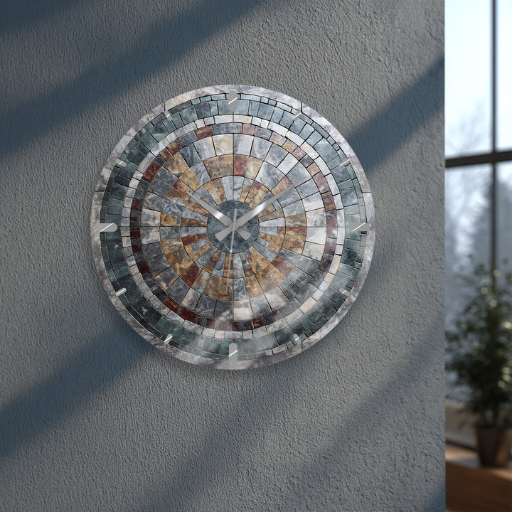 Stone Mosaic Glass Wall Clock – Rustic Geometric Decor
