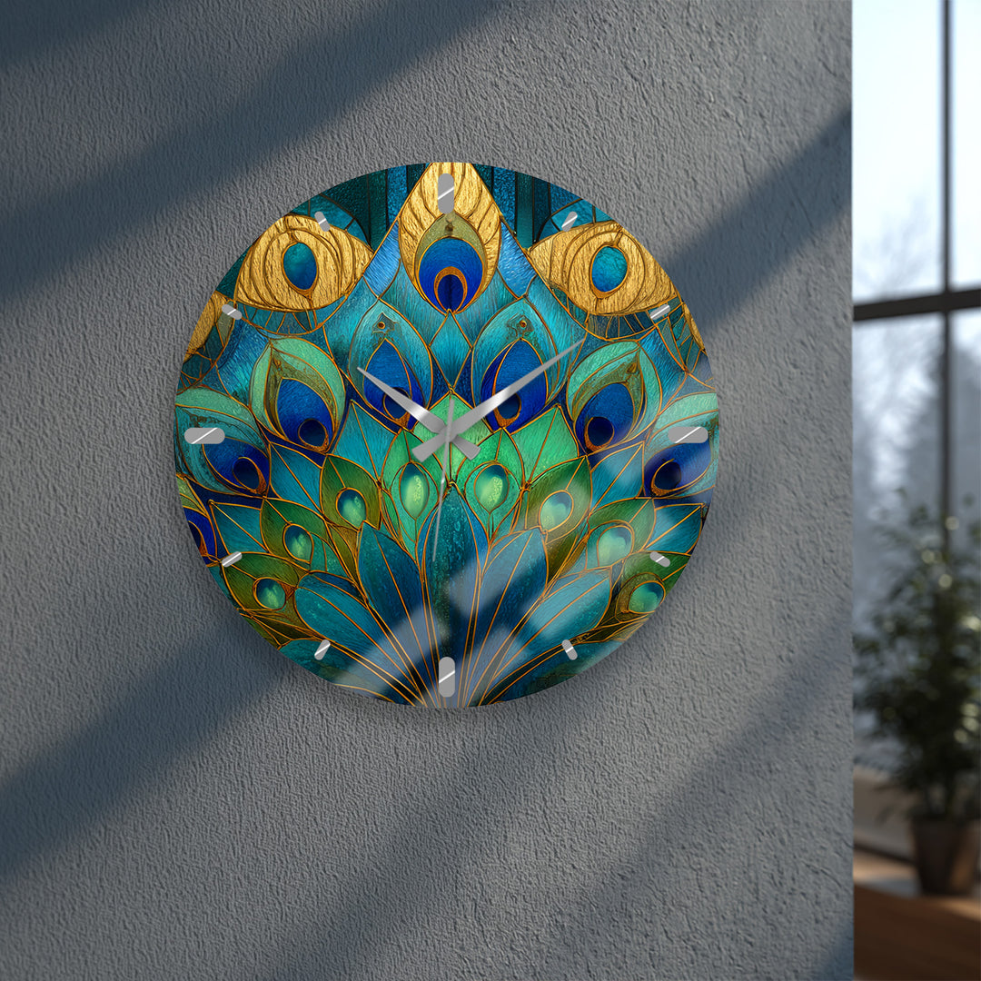 Peacock Feather Glass Wall Clock – Blue Art Nouveau Decor