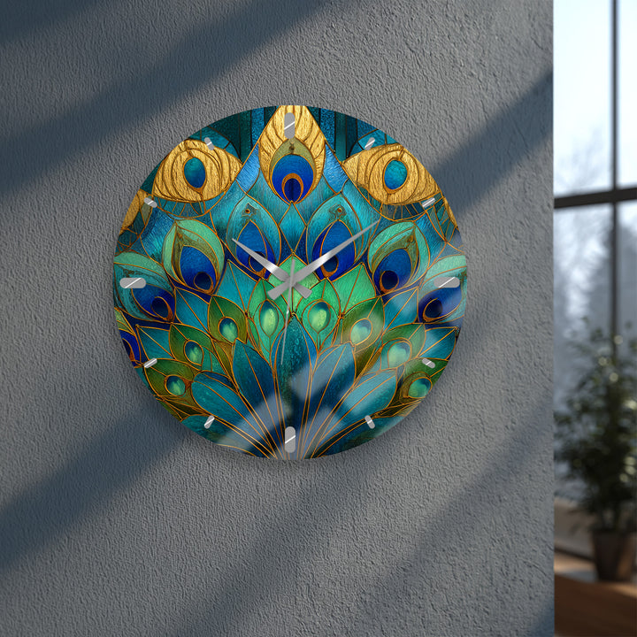 Peacock Feather Glass Wall Clock – Blue Art Nouveau Decor