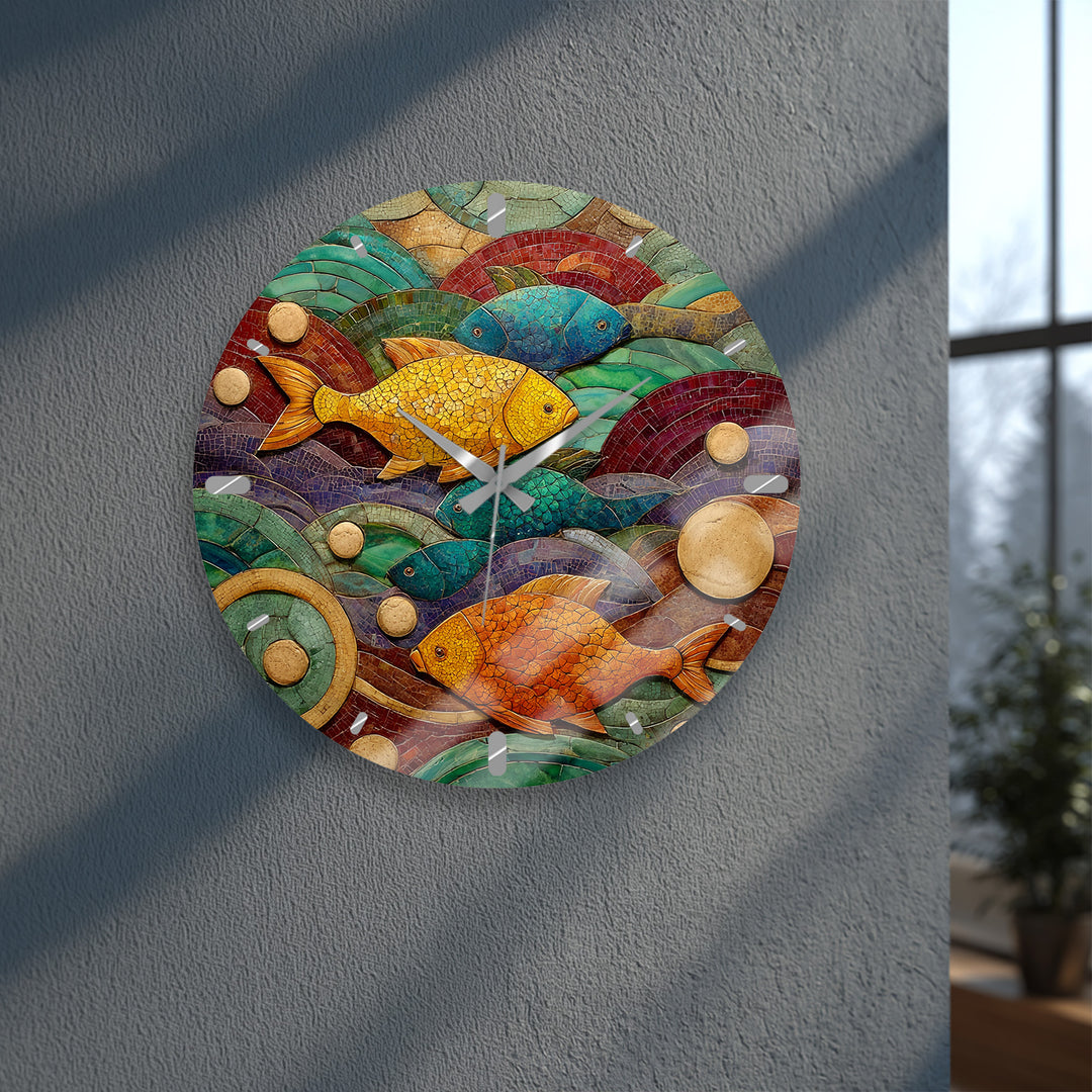 Colorful Fish Glass Wall Clock – Coastal Mosaic Art Decor