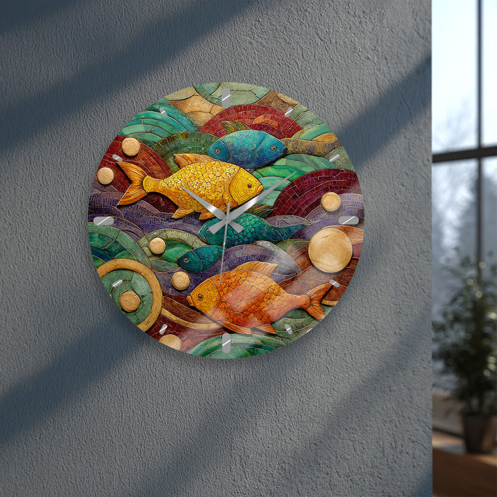 Colorful Fish Glass Wall Clock – Coastal Mosaic Art Decor