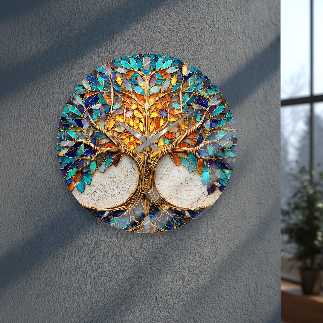Tree of Life Glass Wall Clock – Blue and Gold Mosaic Decor