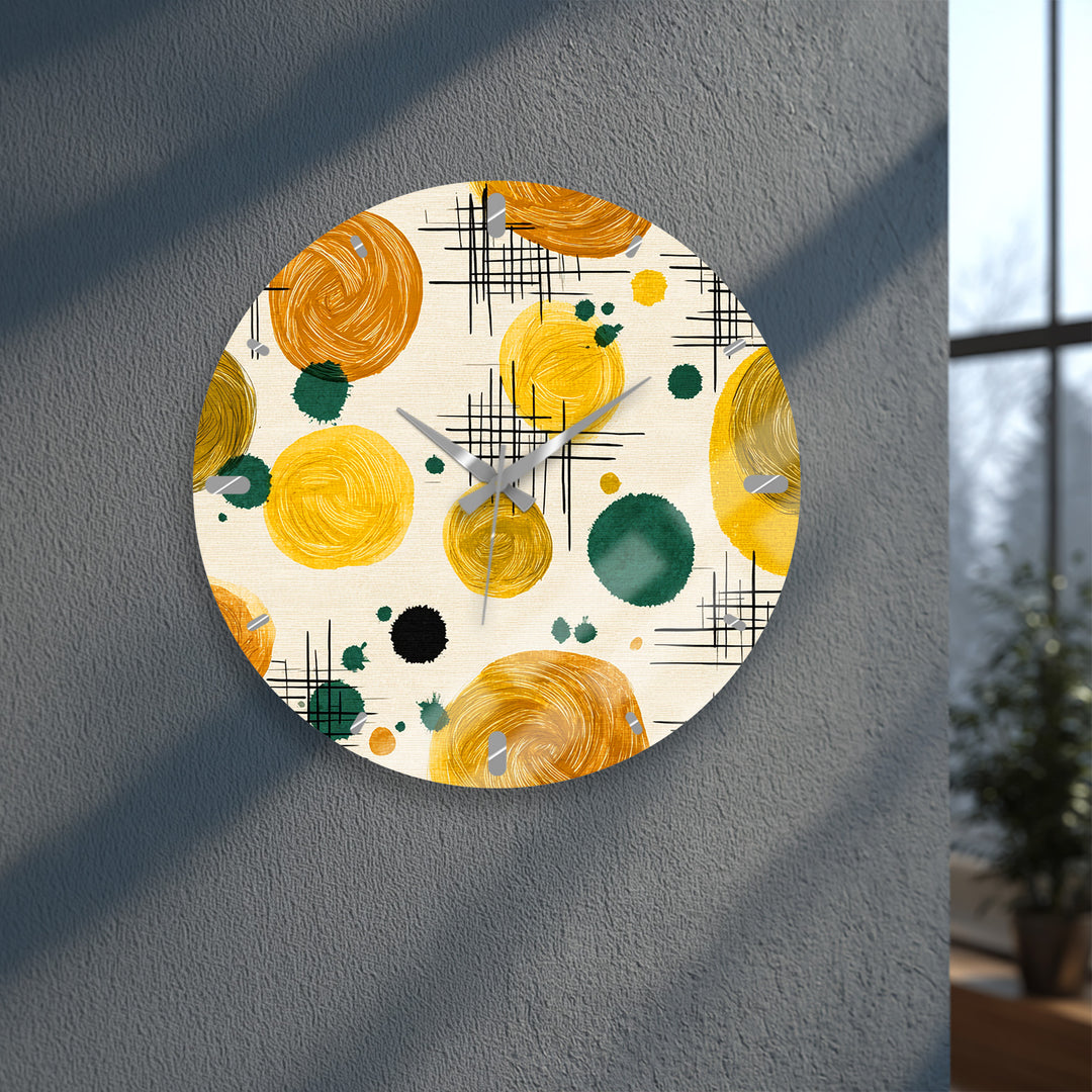 Mustard Yellow Glass Wall Clock – Retro Abstract Circle Art