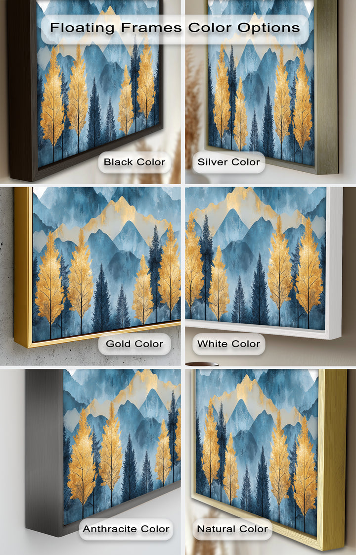 Blaue und goldene Aquarell-Berglandschaftskunst – Atemberaubende Ölgemälde