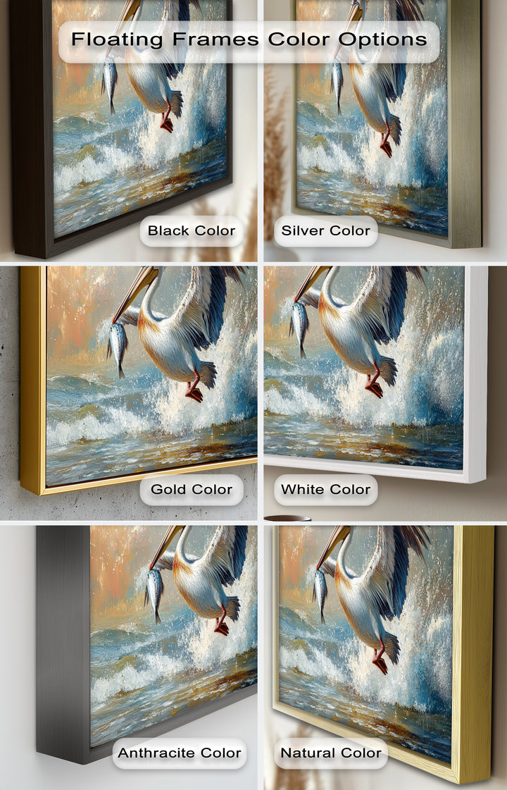 Pelican Catching Fish in Ocean Surf – Animal Oil Painting