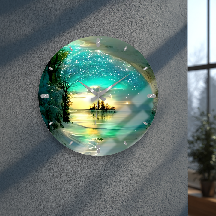 Enchanted Lake Glass Wall Clock – Turquoise Fantasy Landscape