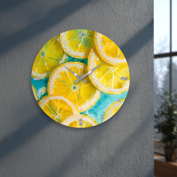 Yellow Lemon Glass Wall Clock – Bright Citrus Kitchen Decor