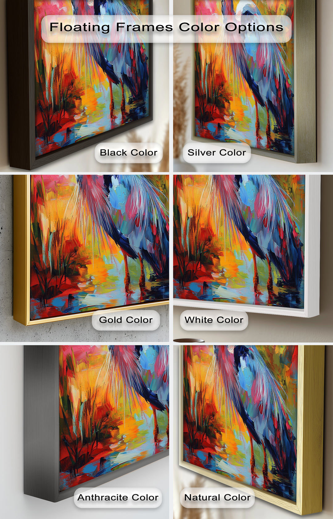 Colored Heron in Abstract Color Splash – Animal Oil Painting