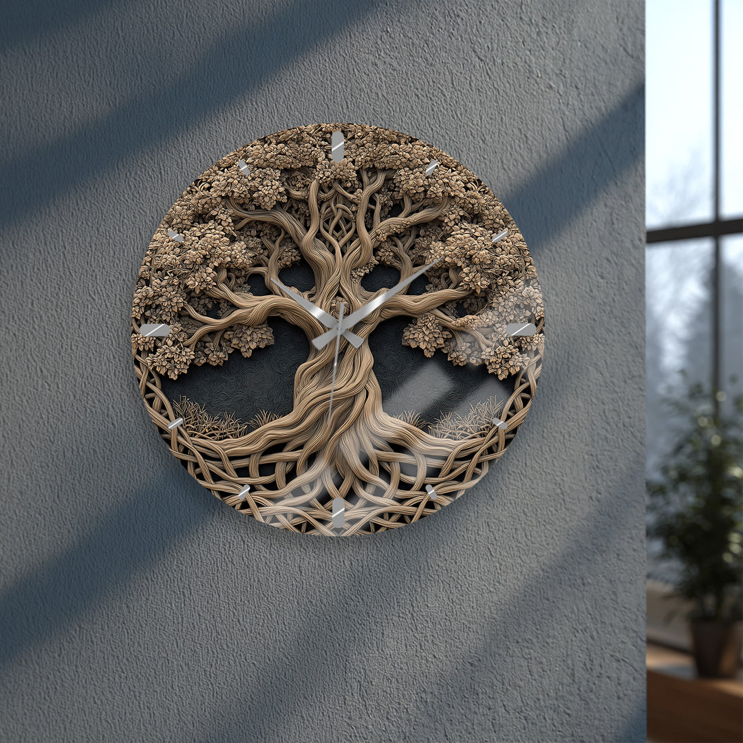 Baum des Lebens Glas-Wanduhr – Rustikale geschnitzte Holzoptik