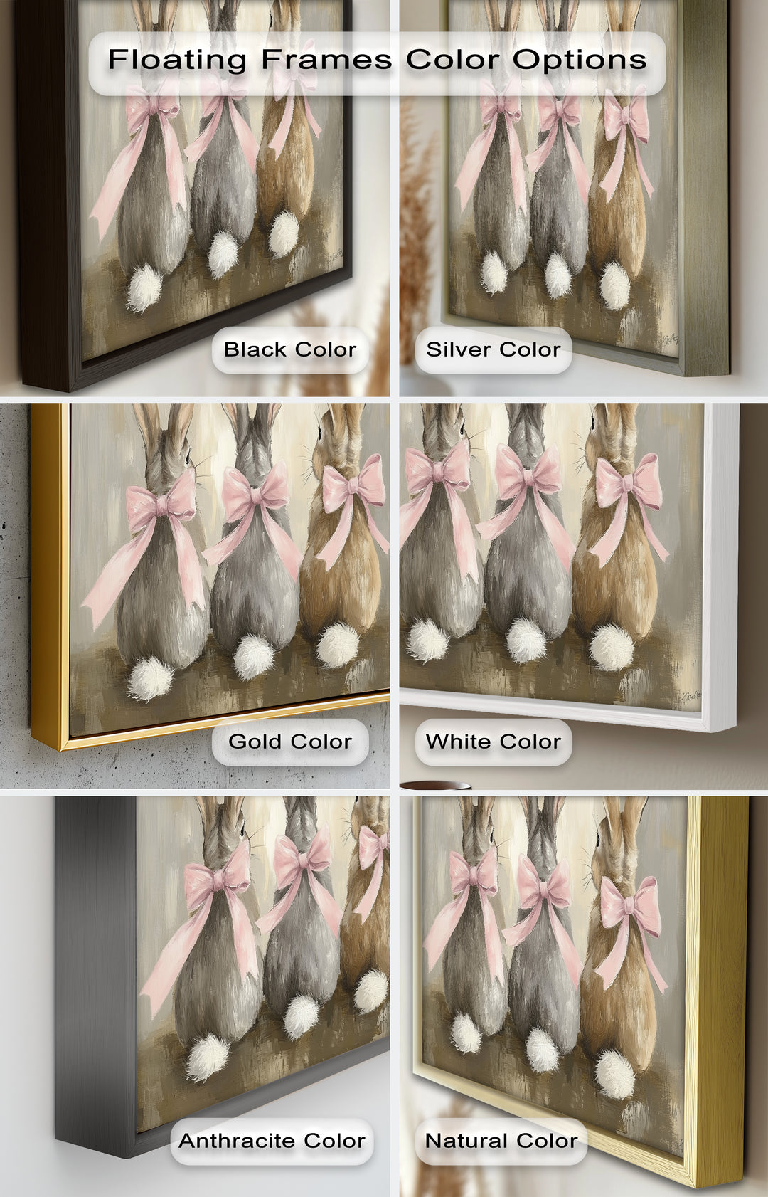 Trio of Bunnies with Pink Bows – Animal Oil Painting