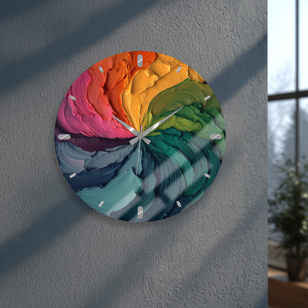 Colorful Abstract Glass Wall Clock – Rainbow Oil Painting Art