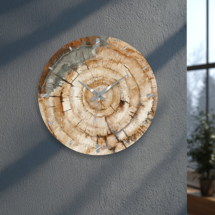 Tree Ring Glass Wall Clock – Rustic Wood Grain Decor