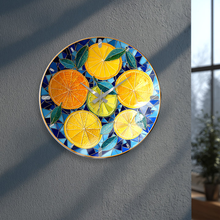 Lemon and Orange Glass Wall Clock – Mediterranean Kitchen Decor