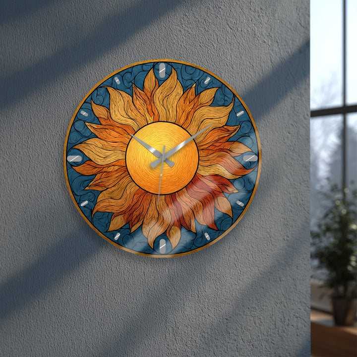 Boho Sun Glass Wall Clock – Golden Sunburst Decor
