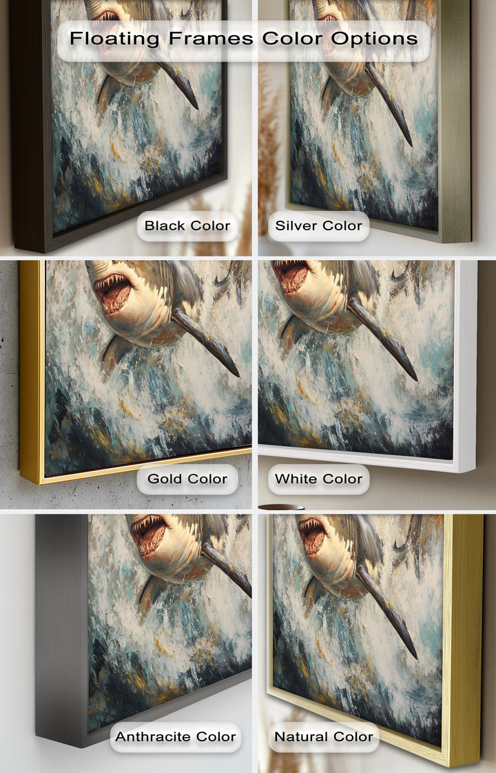 Ferocious Great White Shark Leaping Through Waves - Animal Oil Painting