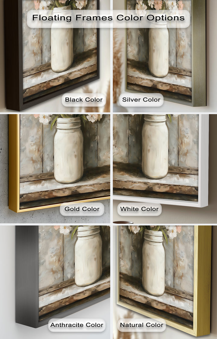Blush & Cream Blooms – Rustic Mason Jar Flower Oil Painting