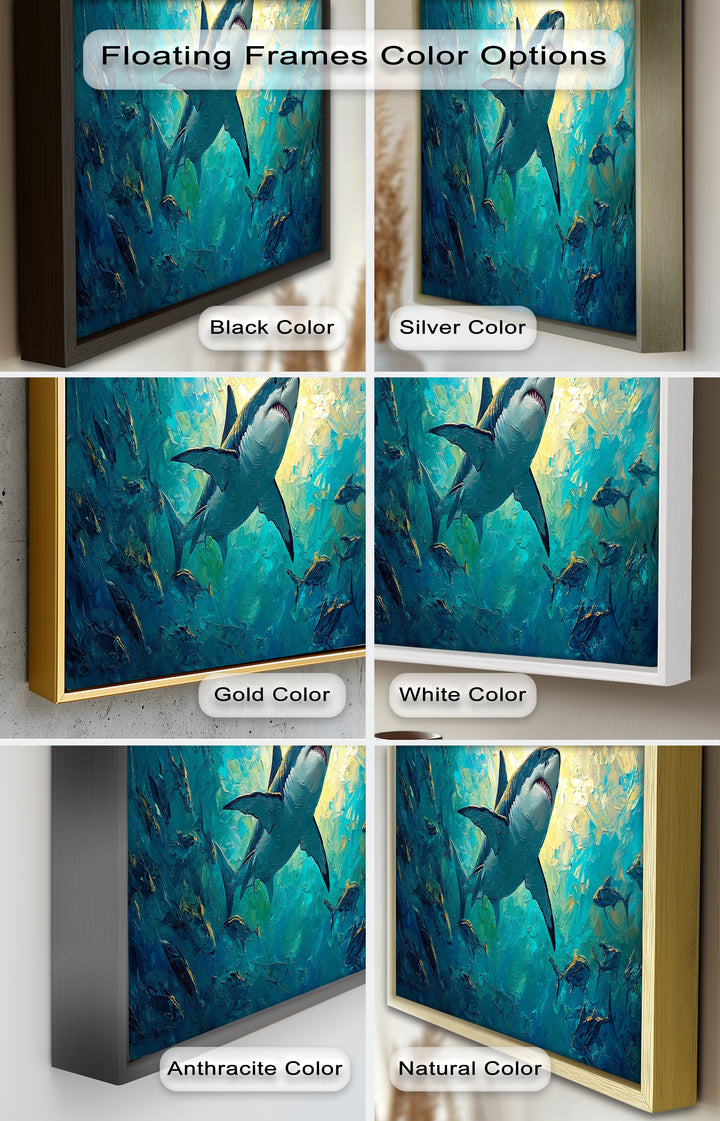 Great White Shark in Sunlit Ocean Depths – Animal Oil Painting