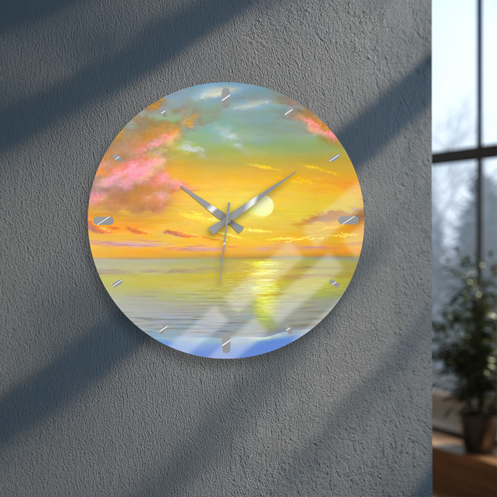 Ocean Sunset Glass Wall Clock – Golden Coastal Decor