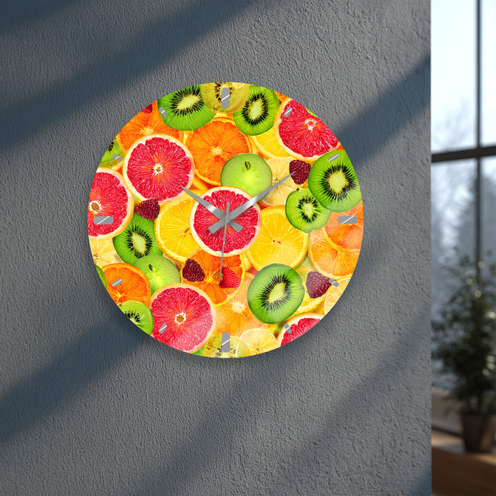 Colorful Fruit Glass Wall Clock – Citrus Kitchen Wall Decor