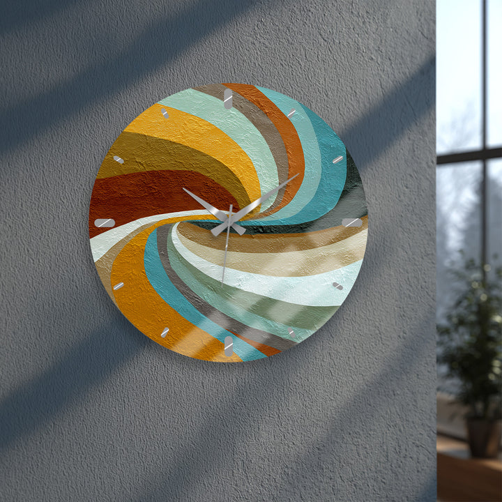Retro Wave Glass Wall Clock – Teal and Mustard Abstract Decor