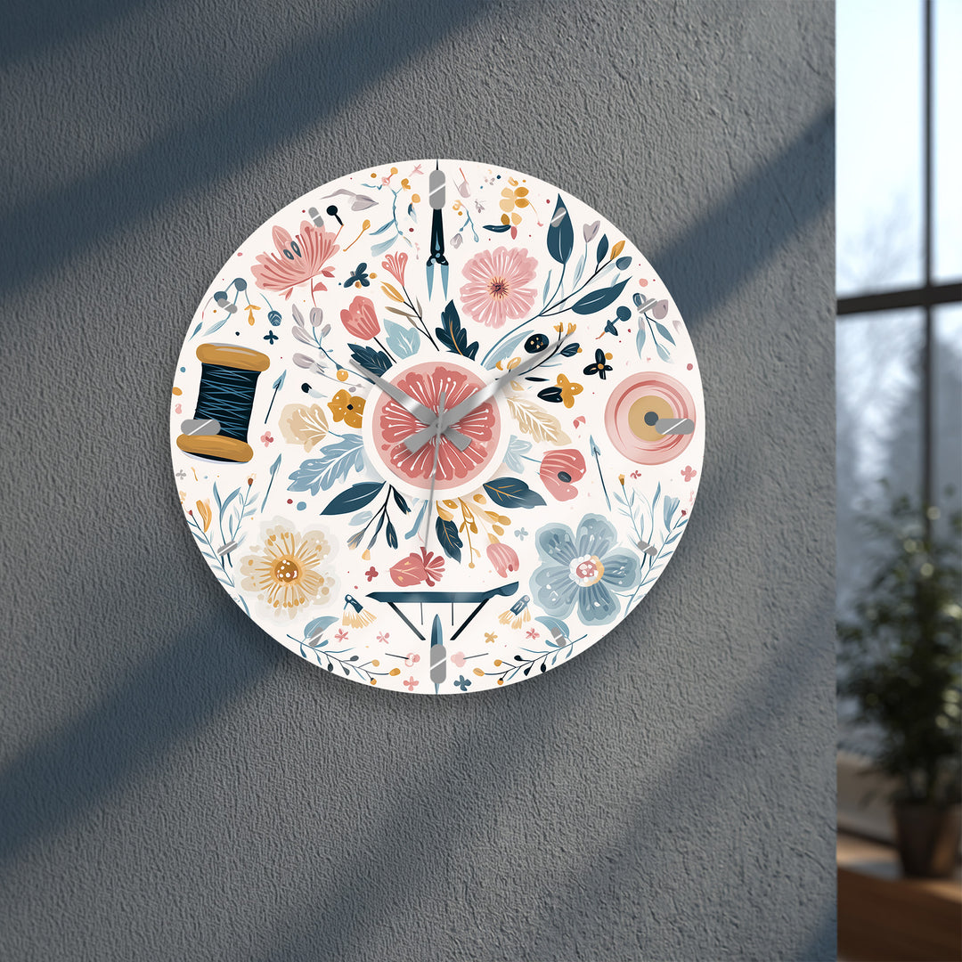Floral Sewing Glass Wall Clock – Craft Room Decor