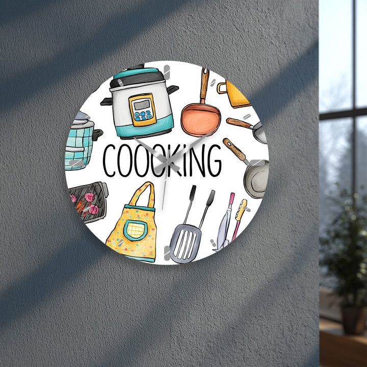 Colorful Cooking Glass Wall Clock – Kitchen Utensil Decor