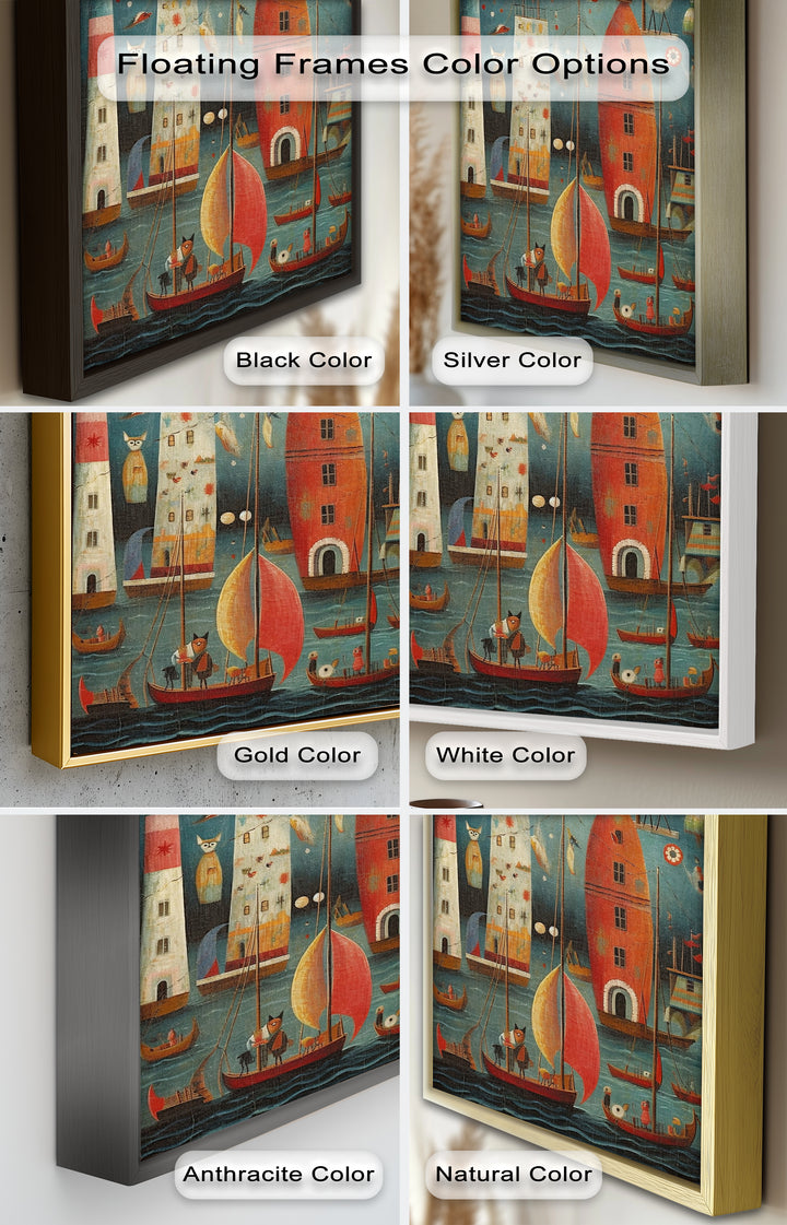 Moonlit Harbor Parade – Surreal Cat and Owl Fantasy Oil Painting