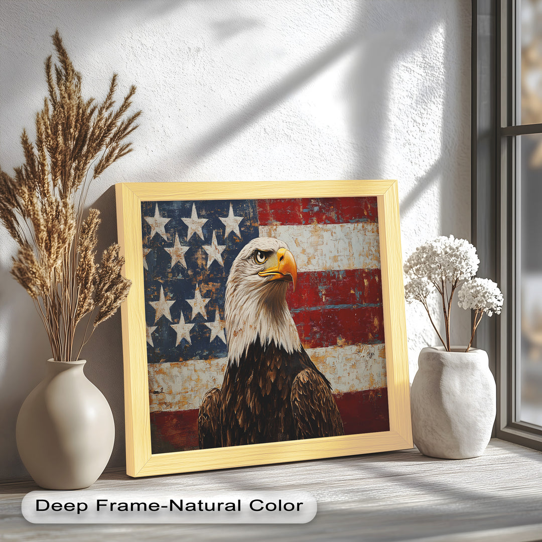 Adler mit amerikanischer Flagge – Patriotisches Ölgemälde