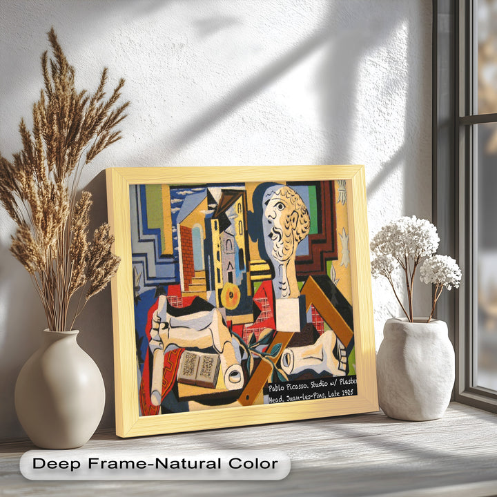 1920s Picasso studio scene with surreal, cubist elements and symbolic objects arranged in geometric harmony.