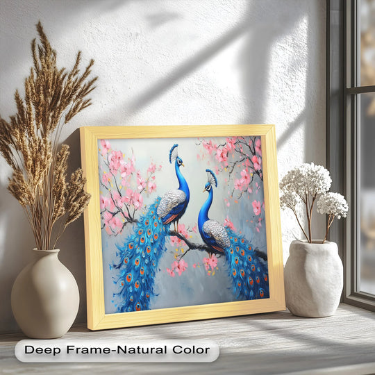 Warm light enhances the fine details of this animal oil painting, bringing out the richness and texture of the peacocks in this oil painting art prints.