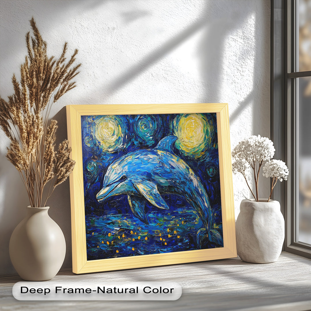 Starry Night Dolphin in Ocean Dreamscape – Animal Oil Painting