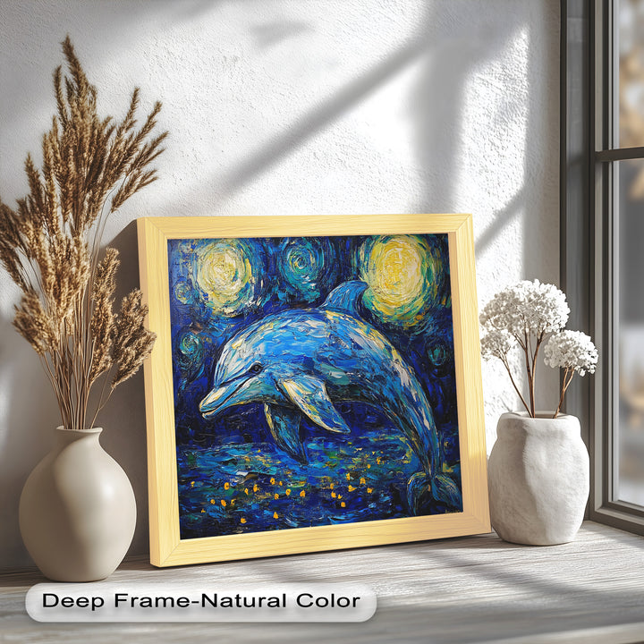 Starry Night Dolphin in Ocean Dreamscape – Animal Oil Painting